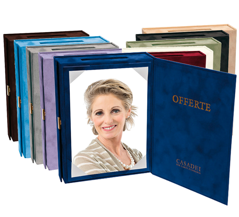Astuccio raccolta offerte in simil suede con portafoto