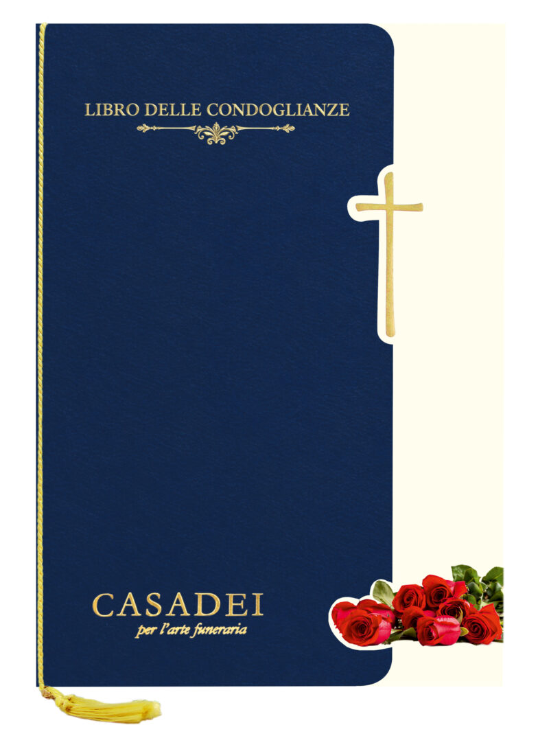 Libro delle condoglianze con copertina sagomata immagine Croce e rose in cartone blu, interno composto da una pagina "In memoria" e otto pagine per le firme in carta avorio, rilegato con cordoncino e nappa. 21x29,7 cm.