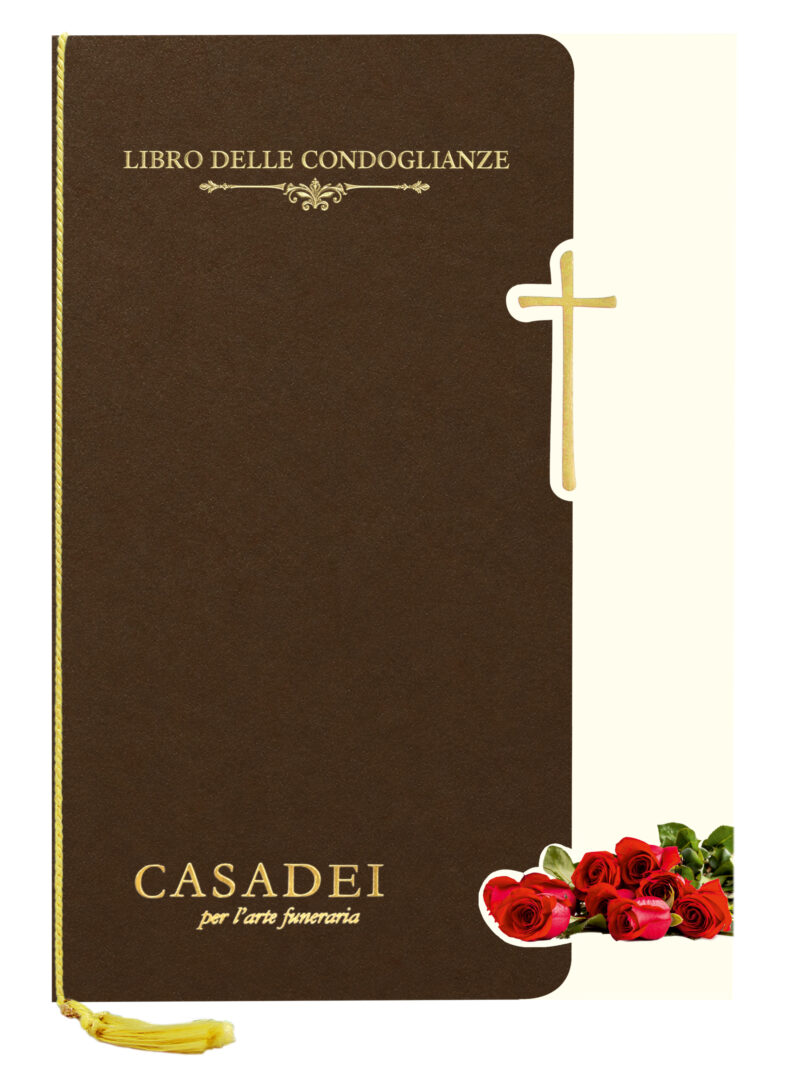 Libro delle condoglianze con copertina sagomata immagine Croce e rose in cartone bronzo, interno composto da una pagina "In memoria" e otto pagine per le firme in carta avorio, rilegato con cordoncino e nappa. 21x29,7 cm.
