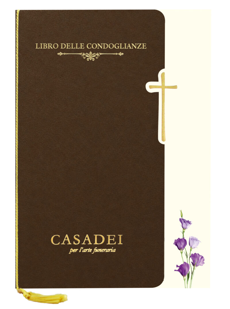 Libro delle condoglianze con copertina sagomata immagine Croce e fiori in cartone bronzo, interno composto da una pagina "In memoria" e otto pagine per le firme in carta avorio, rilegato con cordoncino e nappa. 21x29,7 cm.