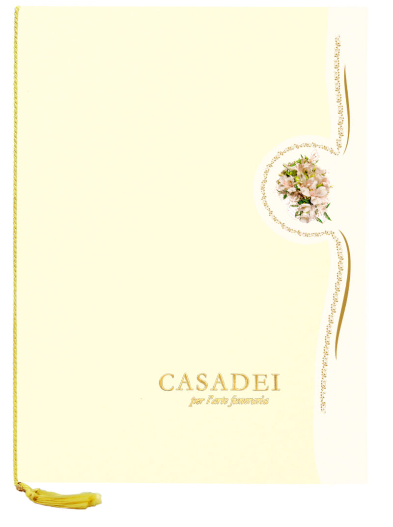 Libro delle condoglianze con copertina fustellata in cartone avorio, interno composto da una pagina "In memoria" e otto pagine per le firme in carta avorio, rilegato con cordoncino e nappa. 21x29,7 cm.