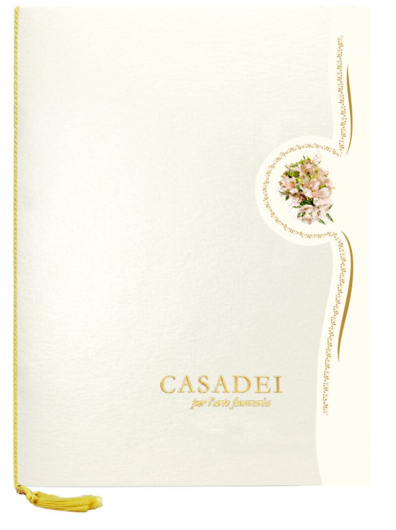 Libro delle condoglianze con copertina fustellata in cartone dore, interno composto da una pagina "In memoria" e otto pagine per le firme in carta avorio, rilegato con cordoncino e nappa. 21x29,7 cm.