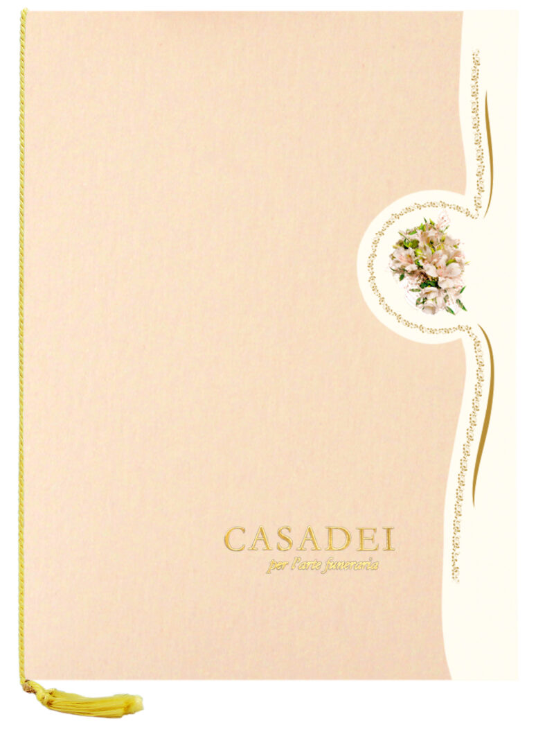 Libro delle condoglianze con copertina fustellata in cartone rosa, interno composto da una pagina "In memoria" e otto pagine per le firme in carta avorio, rilegato con cordoncino e nappa. 21x29,7 cm.