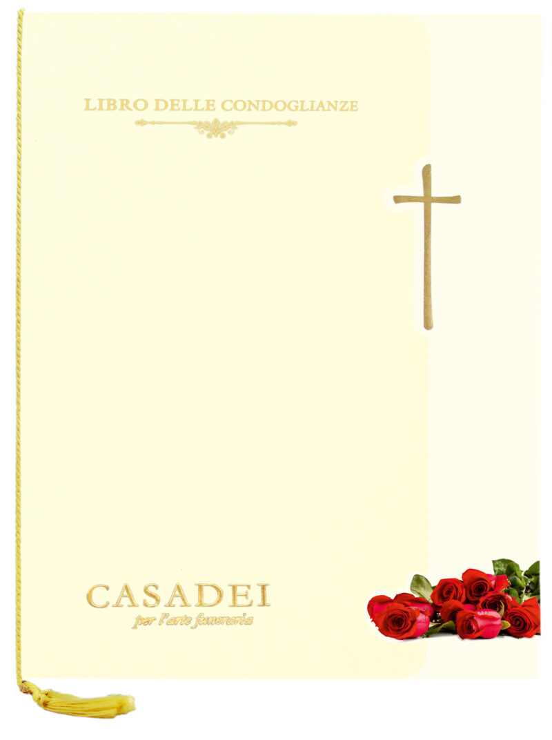 Libro delle condoglianze con copertina sagomata immagine Croce e rose in cartone avorio, interno composto da una pagina "In memoria" e otto pagine per le firme in carta avorio, rilegato con cordoncino e nappa. 21x29,7 cm.