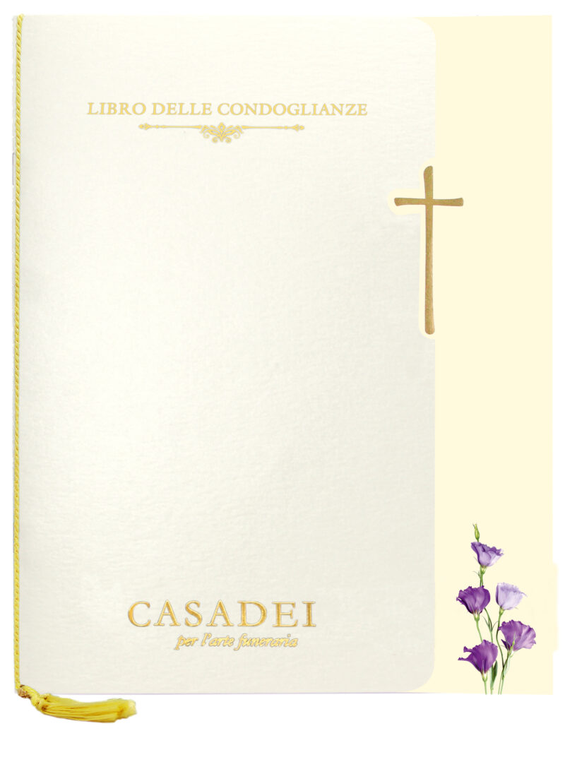 Libro delle condoglianze con copertina sagomata immagine Croce e fiori in cartone dore, interno composto da una pagina "In memoria" e otto pagine per le firme in carta avorio, rilegato con cordoncino e nappa. 21x29,7 cm.